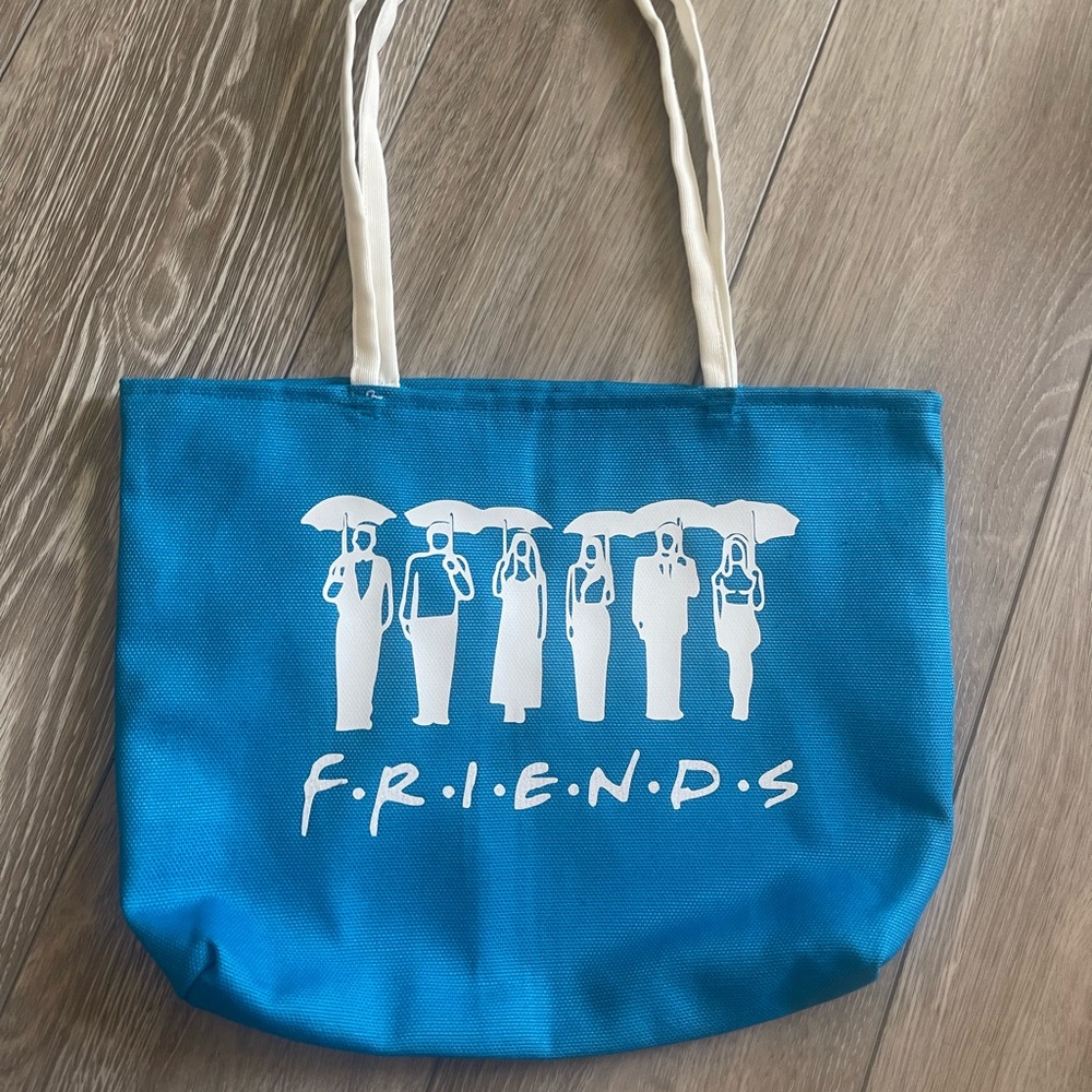 NWT Friends tv show blue with white fabric and vinyl logo tote bag